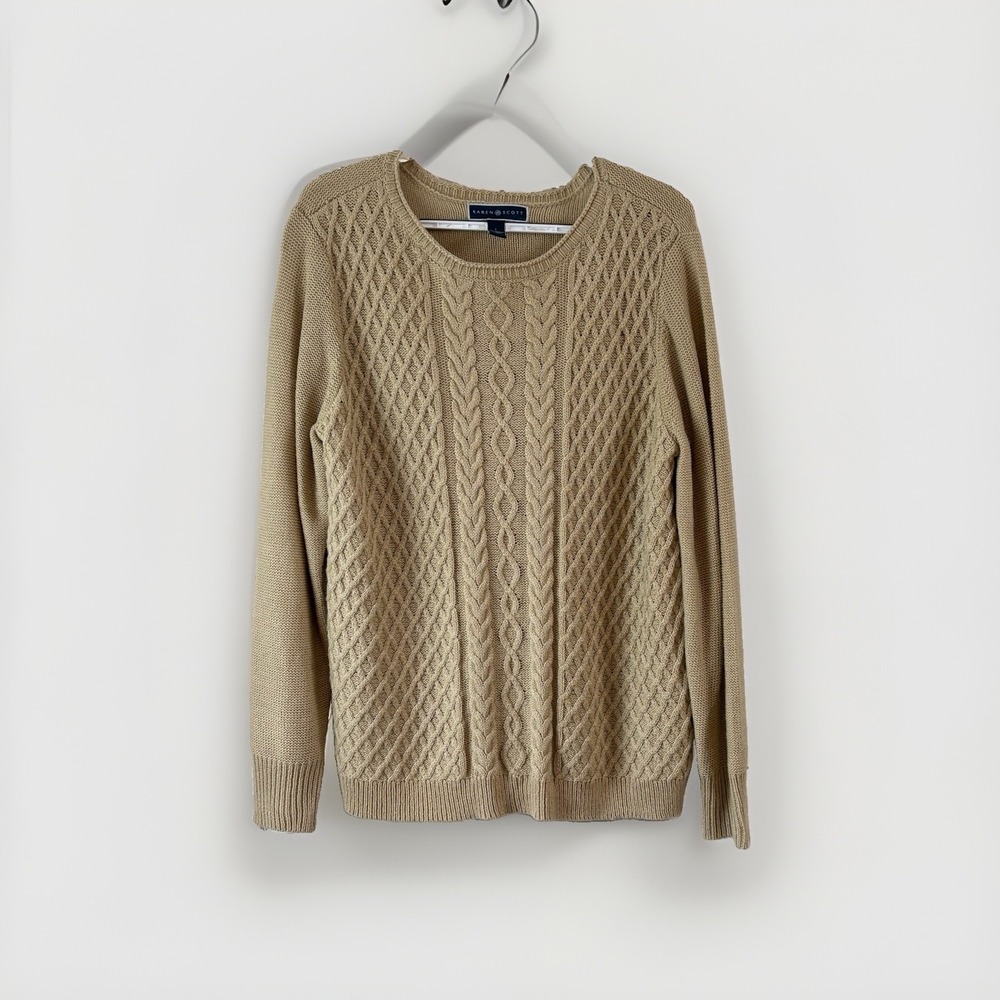 Karen Scott Sweater Womens Large Khaki Cable Knit Crew Neck Long Sleeve NWT